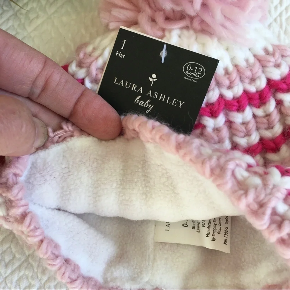 NWT Laura Ashley Baby Knit Pom Pom Hat 0-12m Pink Stripe